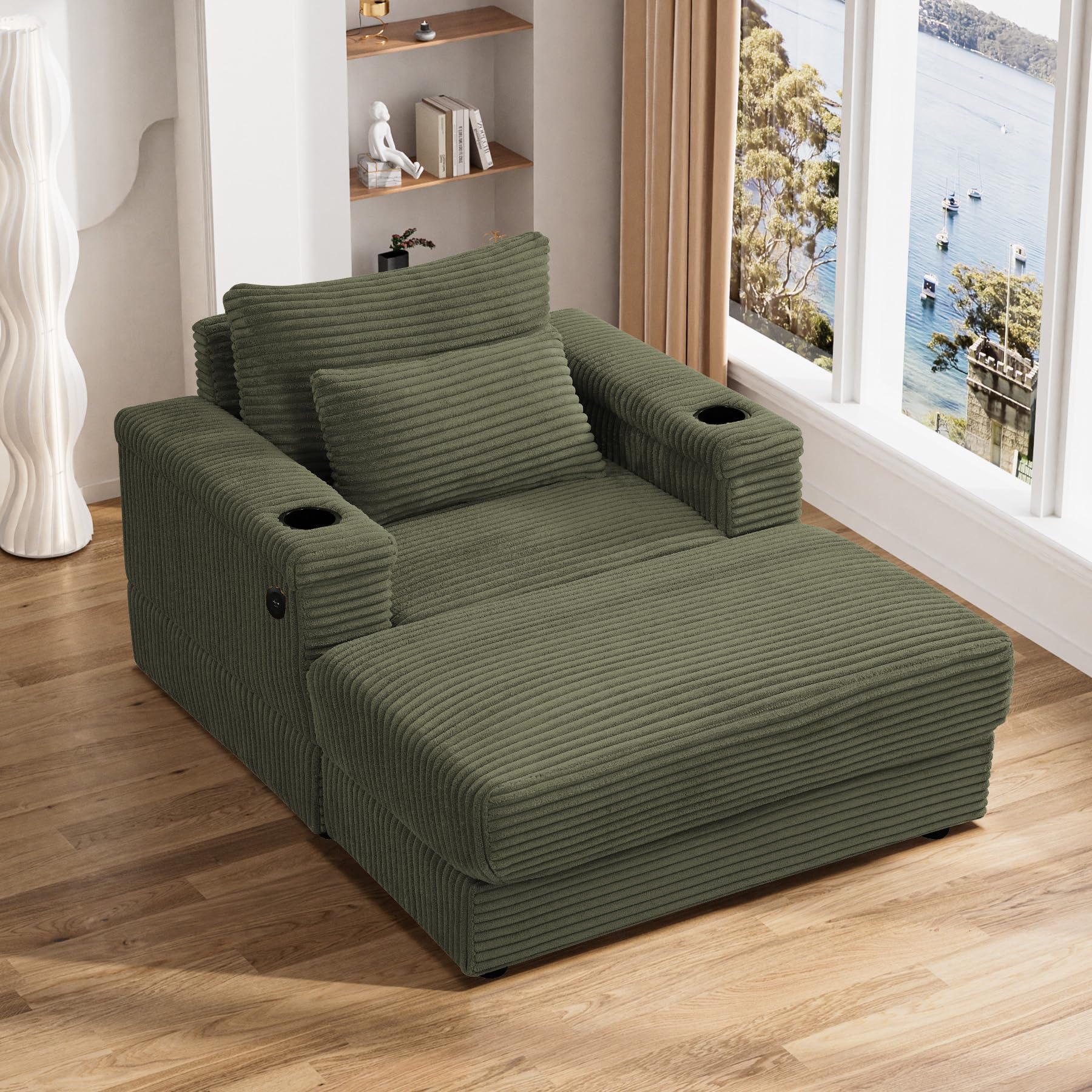 ONEMMLION Oversized Chaise Longue Chair Indoor with Ottoman, 42" W Corduroy Upholstered Modern Deep Seat Sofa Couch with USB Charging Ports&Cup Holder, Comfy Reclining Chair for Living Room, Green