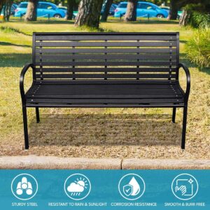 FunMay Patio Bench, Black Steel and WPC, Durable Outdoor Seating