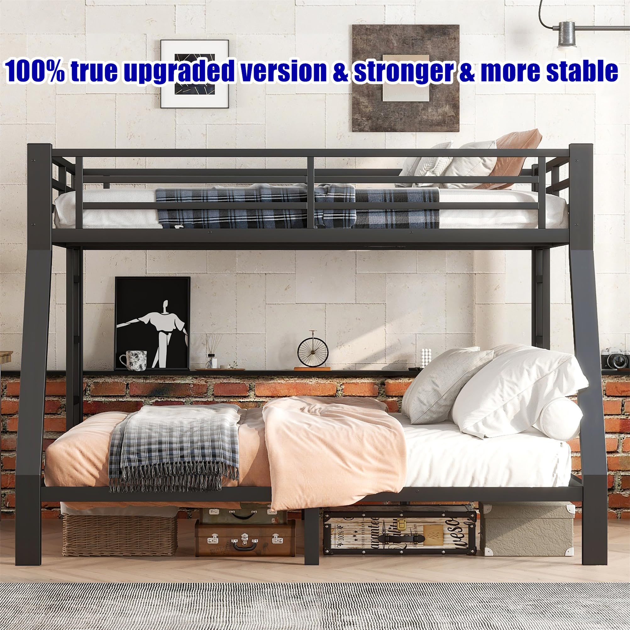 TIHWOALL Latest Upgrade & Stronger Metal Steel Bunk Bed Full XL Over King Size Bunkbed, Thickened More Stable Heavy Duty More Rust-Proof King Bunk Bed Frame (Easier Assembly) (Full XL Over King)