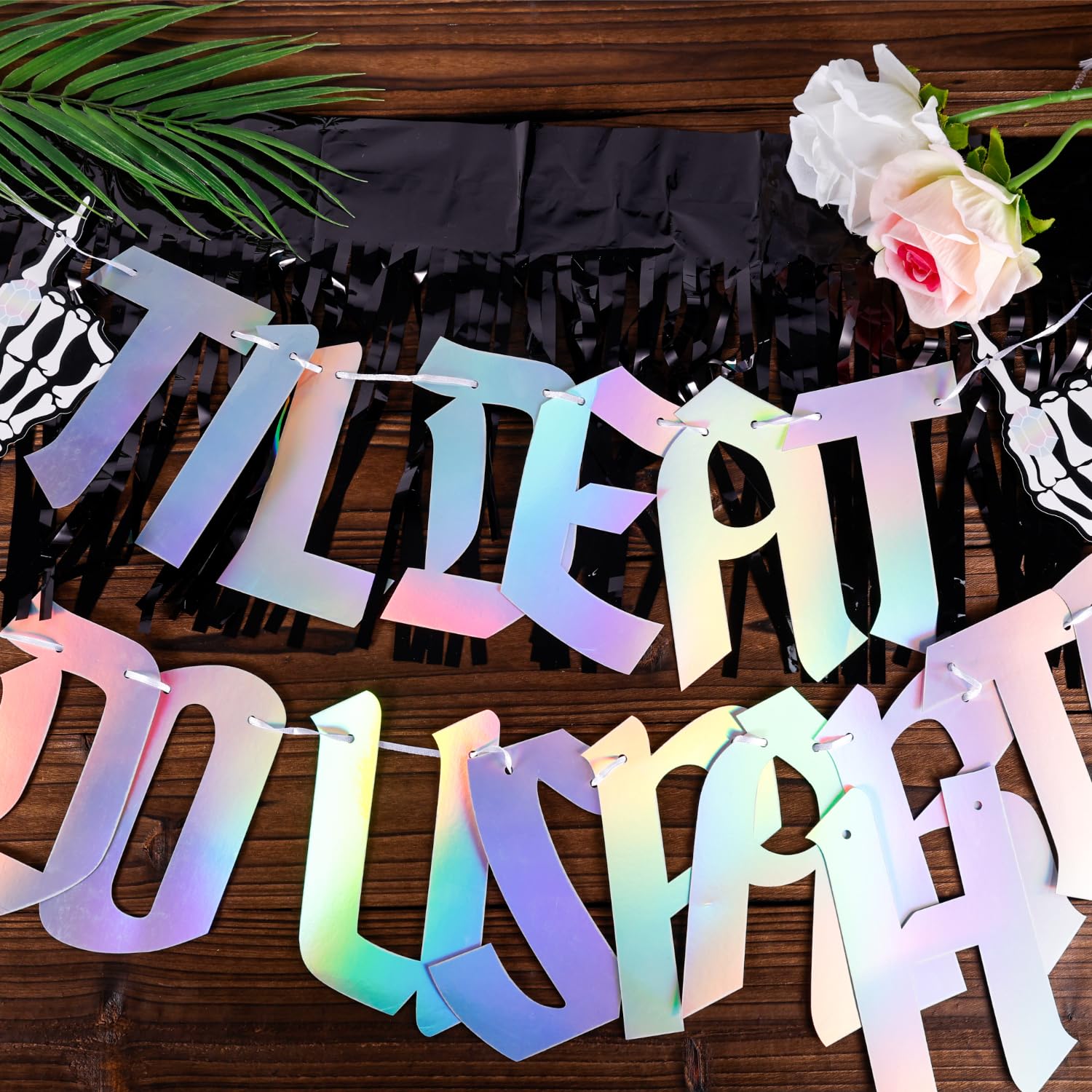 Til Death Do Us Party Banner with Fringe Garland, Halloween Banner Pre-Strung Bachelorette Party Garland Anniversary Party Decoration Sign for Bride Groom Wedding Backdrop (Black & Iridescent)