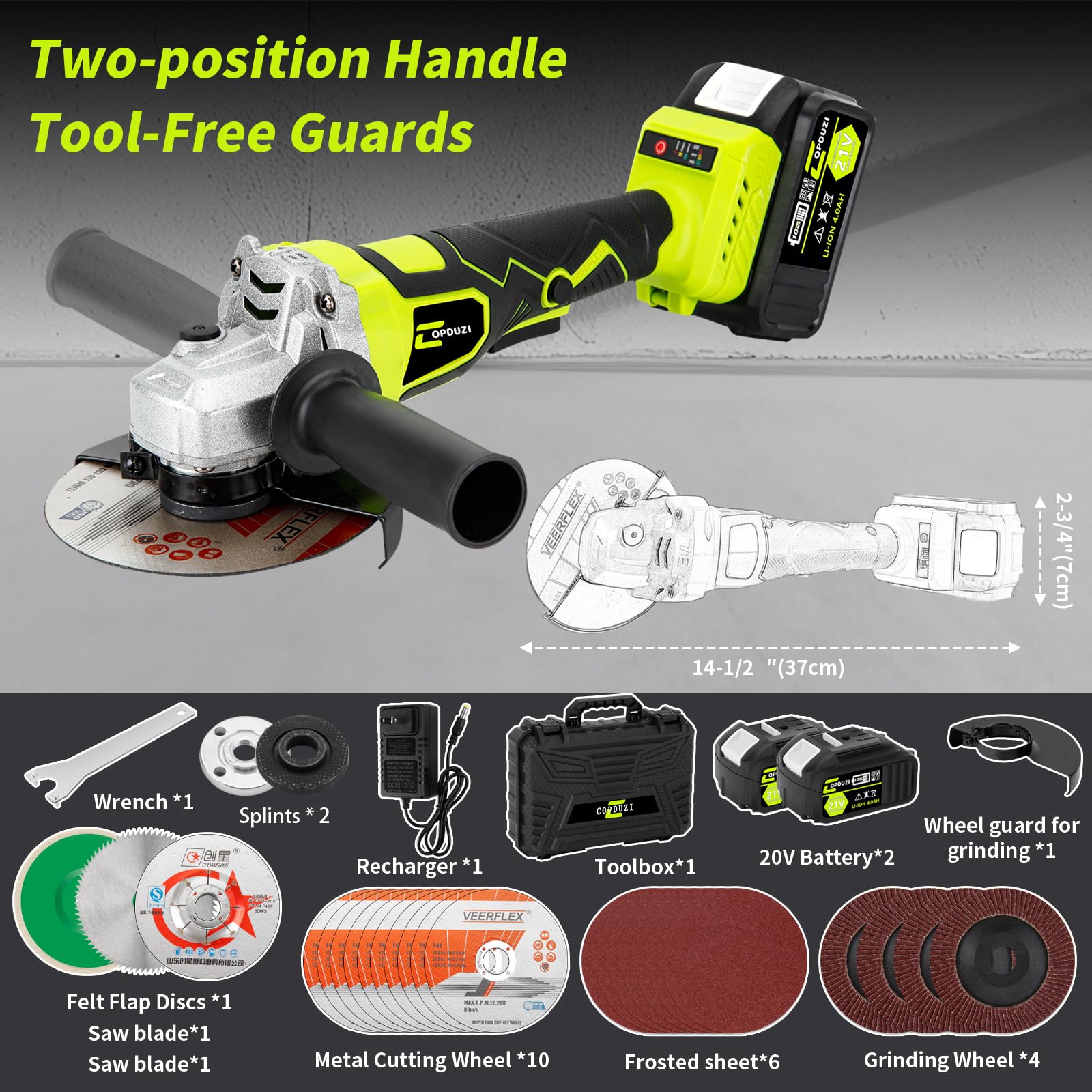 5" Cordless Angle Grinder,10000RPM Battery Powered Grinder,Metal Grinder w/ 2 * 4.0Ah Batteries and Fast Charger,Brushless Grinder w/Flap & Wool Carving & Cutting Wheel,for Flip Disk & Polishing