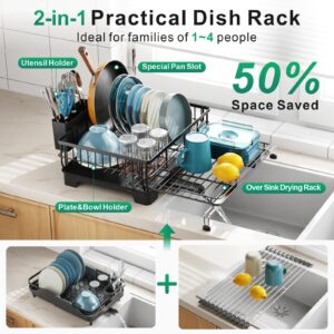 GSlife Expandable Dish Drying Rack - Large 2-in-1 Dish Racks for Kitchen Counter and Sink, Sink Dish Drainer with Drainboard, 2 Pan Slots and Utensil Holder, Black