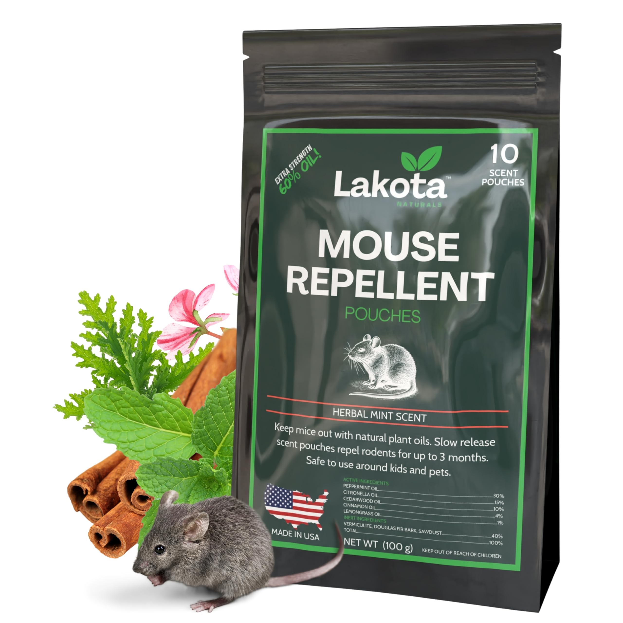 Mouse Repellent Pouches, Extra Strength 60% Oil, Repel Mice Rodent from Nesting in Car/Boat/RV/Grill/Pool Heaters/Campers, Deterrent for House/Garage, 10 Scent Pouches (Herbal Mint Scent)