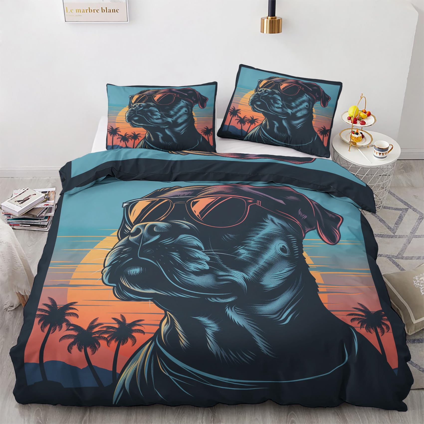 AopGlyvyr Pitbull Duvet Cover King Size, Cool Dog Comforter Cover, Palm Tree Bedding Set, Breathable Duvet Cover with Zipper Closure, 3 Pieces, 1 Soft Duvet Cover & 2 Pillowcase