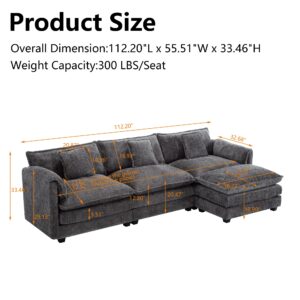 112.2" L Shaped Sectional Sofa, Modern Modular Cloud Couch with Movable Ottoman, 3 Seat Couches for Living Room, Apartment, Grey Chenille