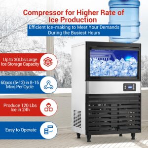 Commercial Ice Maker Machine, 120lbs/24H with 26 Lbs Stainless Steel Under Counter Ice Storage Capacity, Led Digital Display Freestanding Ice Maker for Restaurant Home Bar Office, 2 Water Inlet Modes