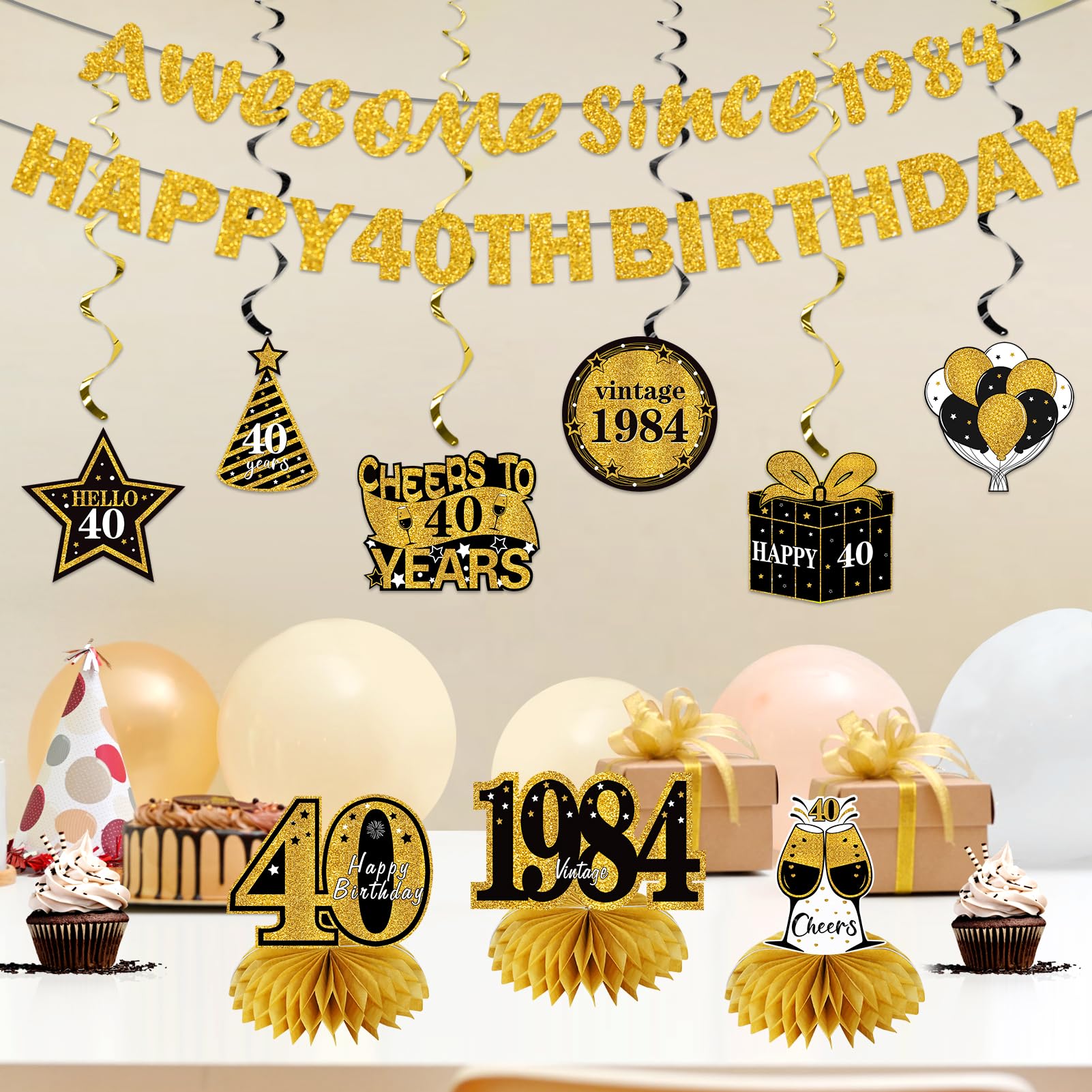 Kuxriox 11Pcs 40th birthday decorations Kit for Men Women, Black Gold Happy 40th Birthday Banner, Awesome Since 1984 Centerpieces Swirls Party Supplies, Forty Bday Banner Ceiling Table Topper Sign