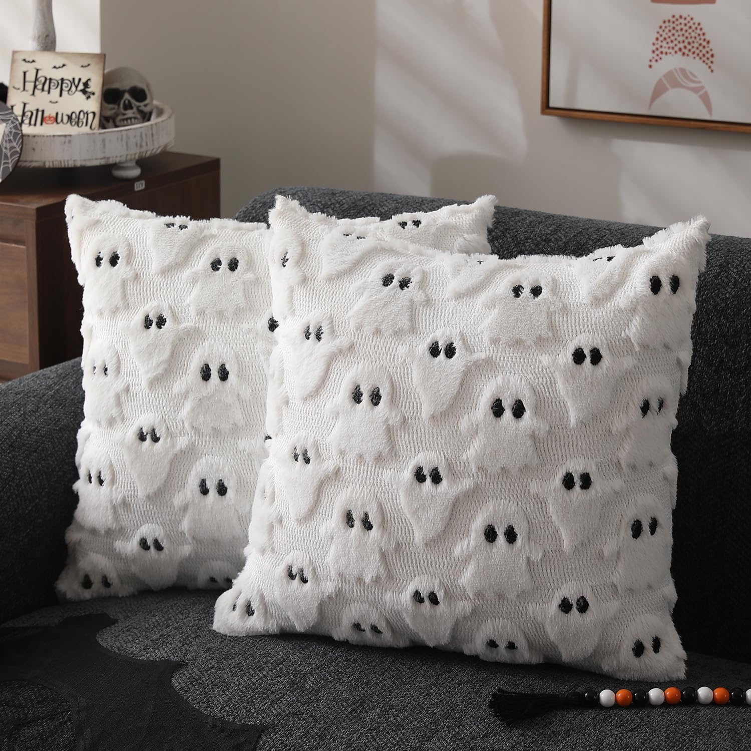 Halloween Pillow Covers 18x18 inch Set of 2 White Throw Pillow Cases Soft Plush Cushion Case for Chair Sofa Bedroom Living Room Home Decor