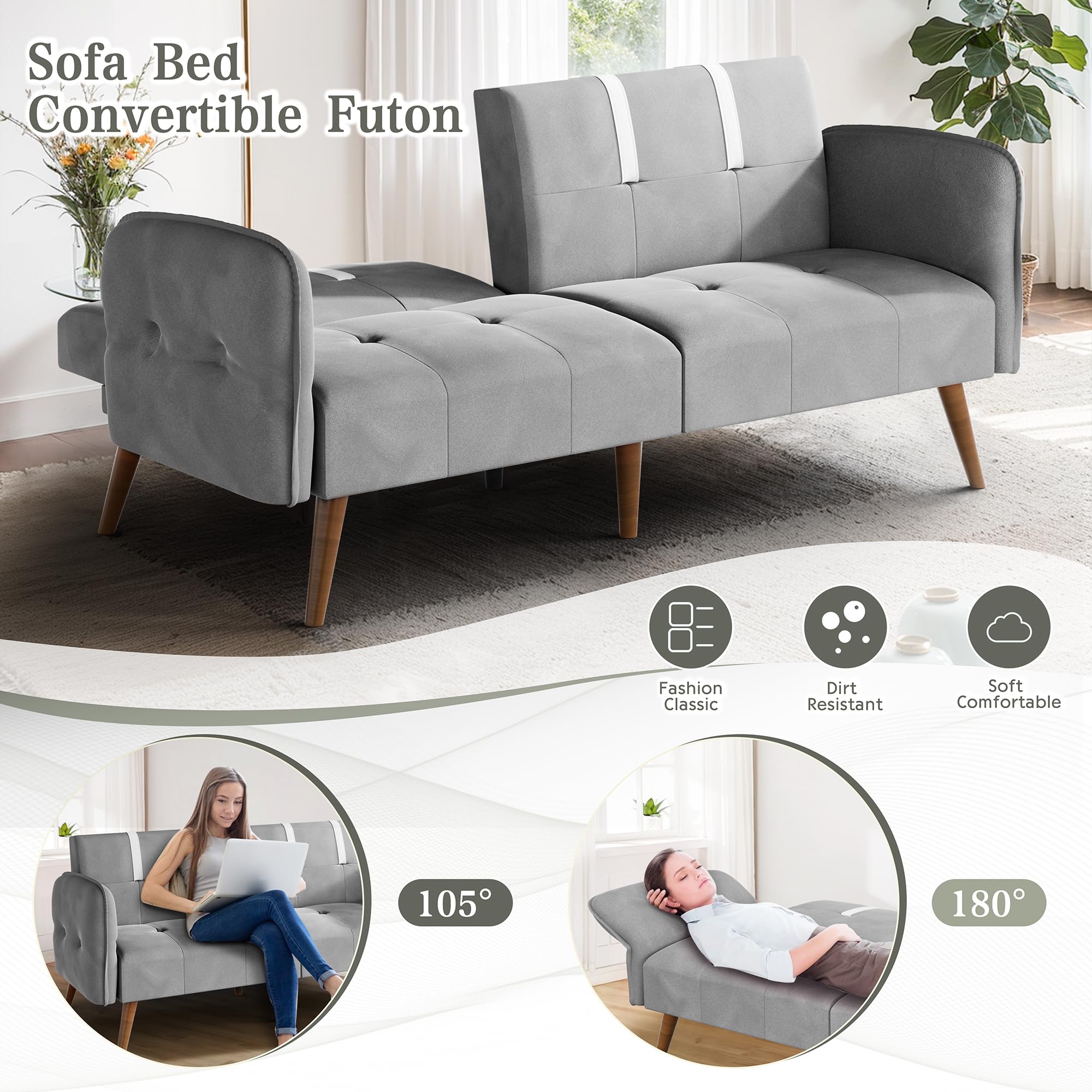 Meilocar Futon Sofa Bed Velvet, 70" Loveseat Futon Couch Sofa Bed with Adjustable Armrests, Reliner Guest Bed Daybed for Bedroom, Living Room, Light Grey