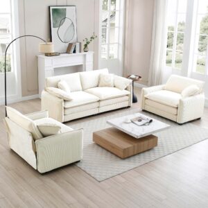 aoowow 3 pieces modular sectional sofa set with loveseat couch and 2 sofa chair,modern corduroy comfy cloud deep seat couches set with throw pillows and arm pillows for living room apartment(beige)