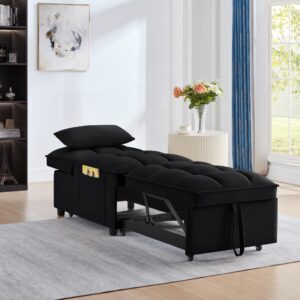 MYEYPEL 4 in 1 Sleeper Sofa Couch Bed,Multi-Function Velvet Convertible Single Sleeper Sofa Bed with Adjustable Backrest,Storage Pockets,Toss Pillows,Pull Out Single Sleeper for Living Room,Black