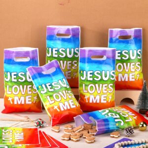 Hosuly 50 Pieces JESUS LOVES ME Gift Bags Plastic Goody Bags with Handles Religious Treat Bags Christian Cross Candy Gift Bag for VBS Church Party Supplies Party Favor Decoration