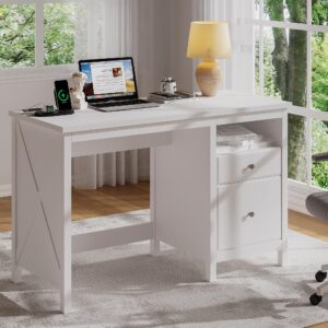 ChooChoo 47" White Desk with Drawers, Wood Home Office Computer Desk with Charging Station, 2 Storage Drawers and Open Shelf, Writing Study Table Vanity Desk