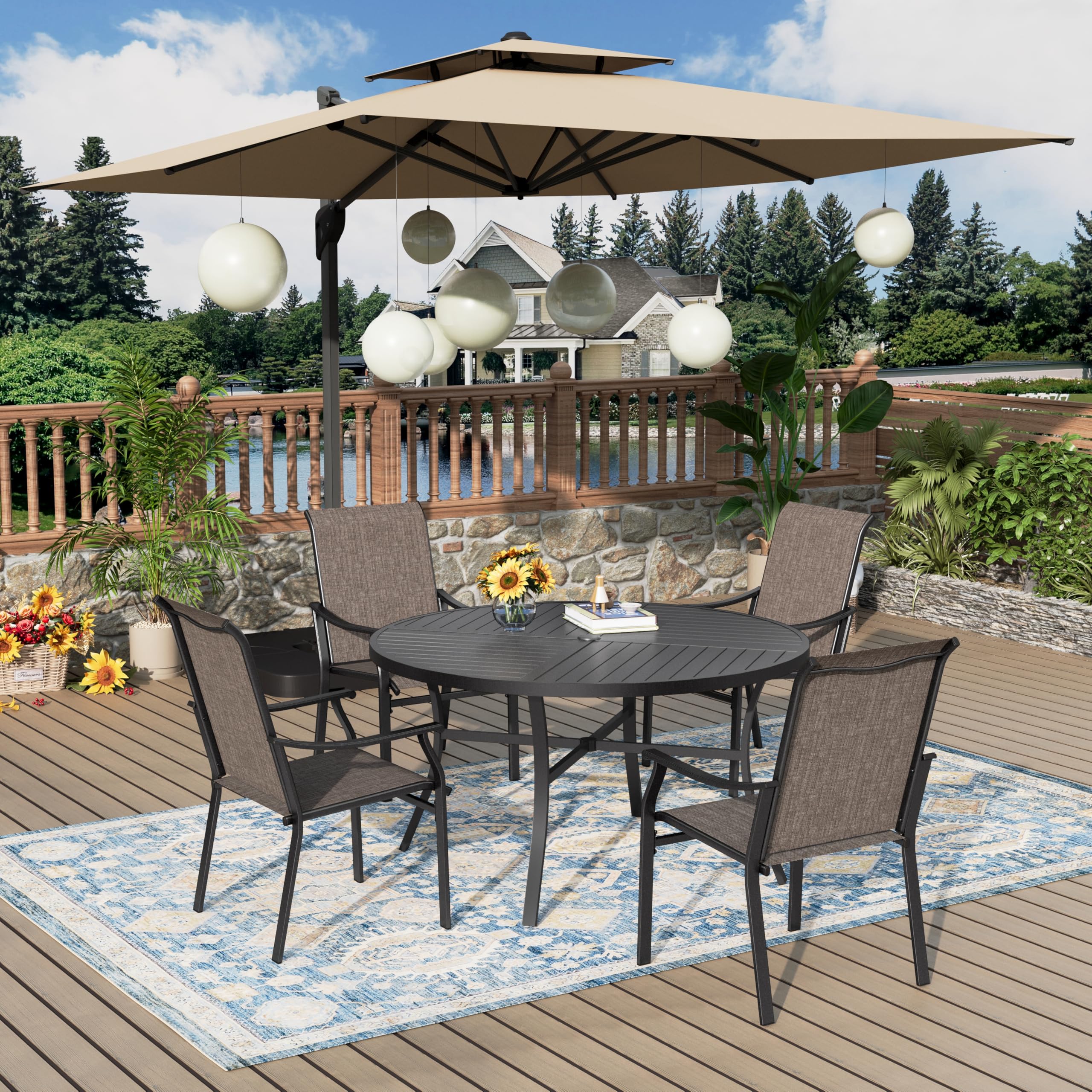 MIXPATIO 5 Pieces Patio Dining Set, 4 Person 42" Round Black Table and Textilene Chairs, with 1.57" Umbrella Hole, Outdoor Patio Table and Chairs, for Garden Lawn Porch Backyard Poolside