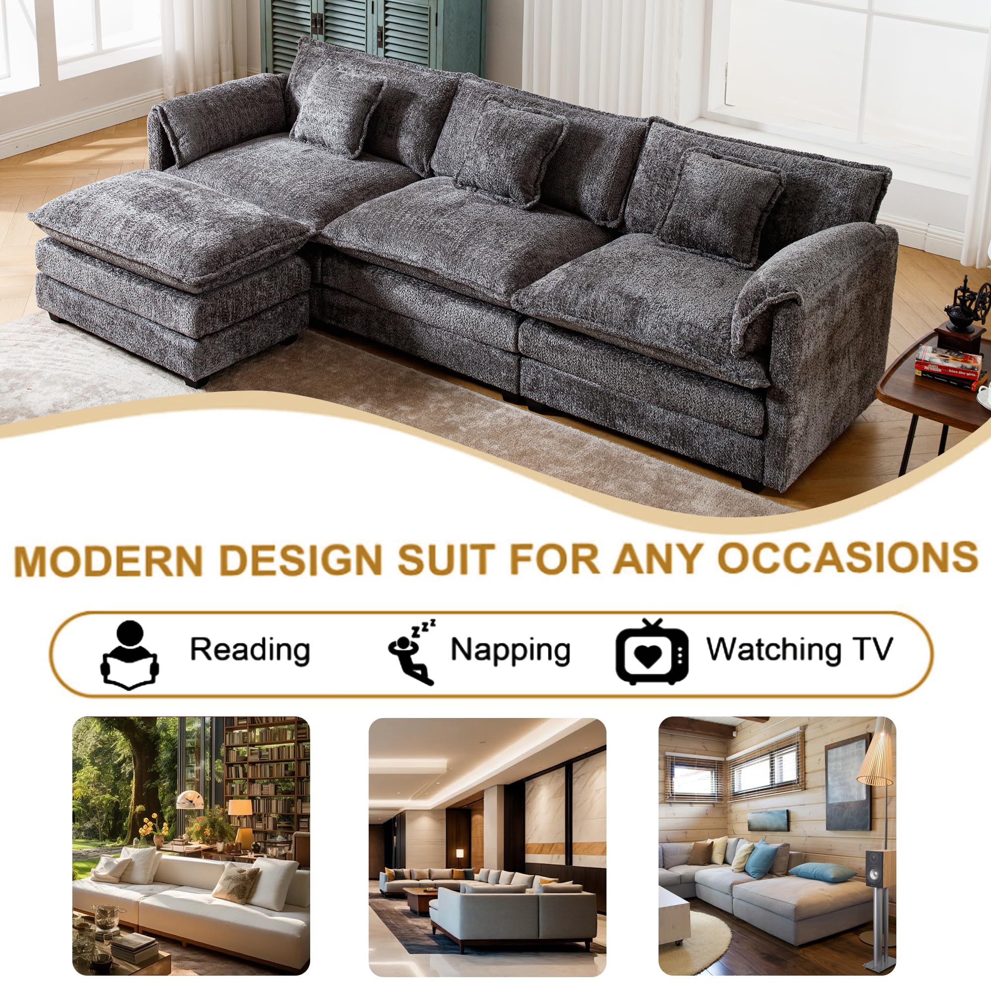 112.2" L Shaped Sectional Sofa, Modern Modular Cloud Couch with Movable Ottoman, 3 Seat Couches for Living Room, Apartment, Grey Chenille