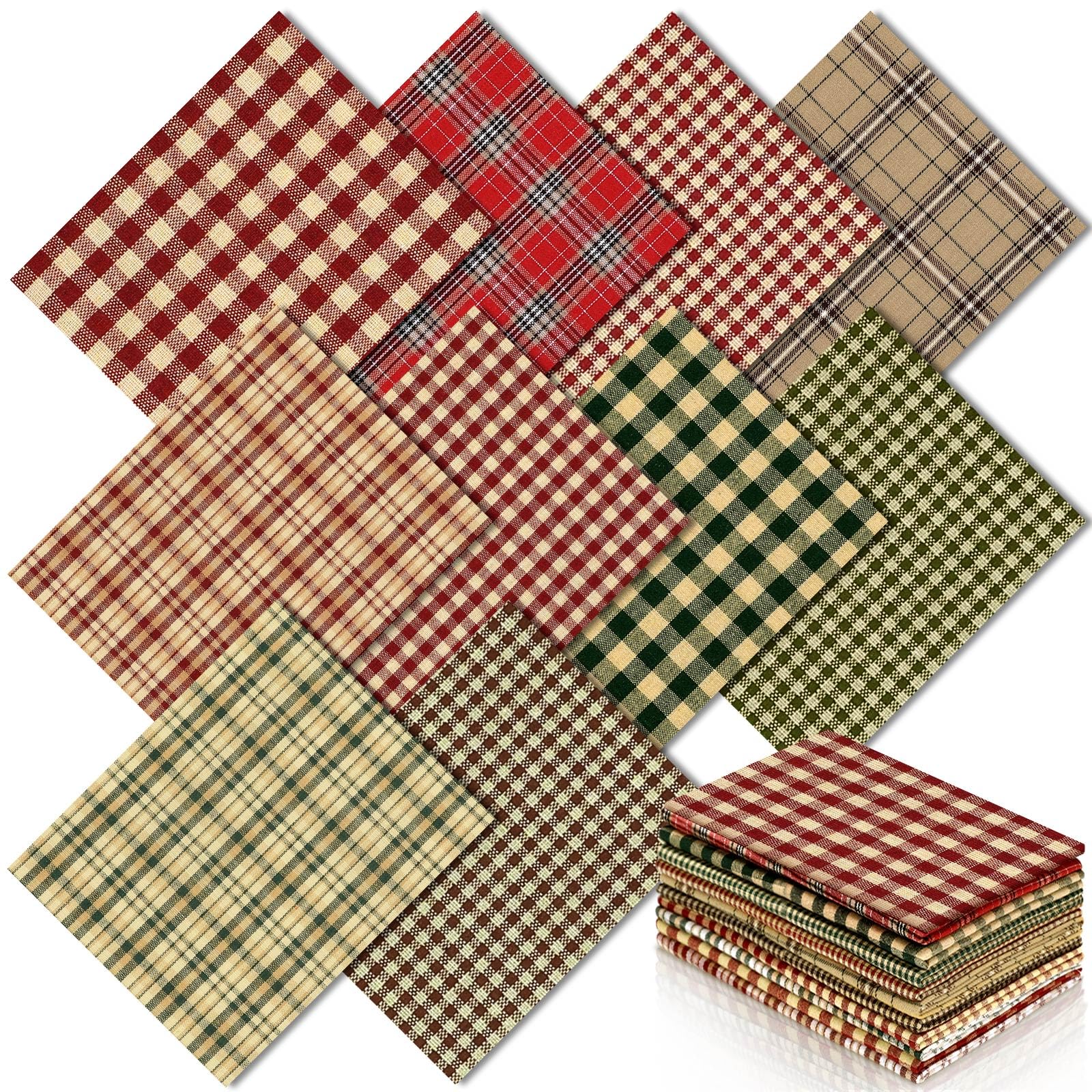 Hahafelt 10 Pcs Vintage Christmas Quilting Fabric 18 x 22 Inch Plaid Homespun Cotton Fabric Jelly Fabric Squares Lattice Rustic Precut Santa Claus Fabric Strips for Xmas Craft Sewing DIY