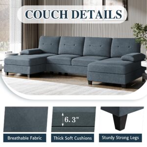 Meilocar Sectional Couches for Living Room, 4 Seat Sofa Set U-Shaped Couch with Wide Chaise, 106in Large Sofa Modern Fabric Couch with Oversized Seats (Grey)