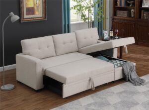 wakefit sectional sofa couch, 4-in-1 sleeper sofa bed with reversible storage chaise pull out couch for living room | hidden stroge | pull out bed | removable backrest | linen fabric, beige