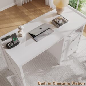 ChooChoo 47" White Desk with Drawers, Wood Home Office Computer Desk with Charging Station, 2 Storage Drawers and Open Shelf, Writing Study Table Vanity Desk