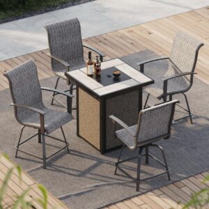 grand patio 5-piece patio swivel bar set with fire pit table 60,000 btu heat output, outdoor counter height patio bar stools set of 5, high bar chairs with high back, black&grey plaid