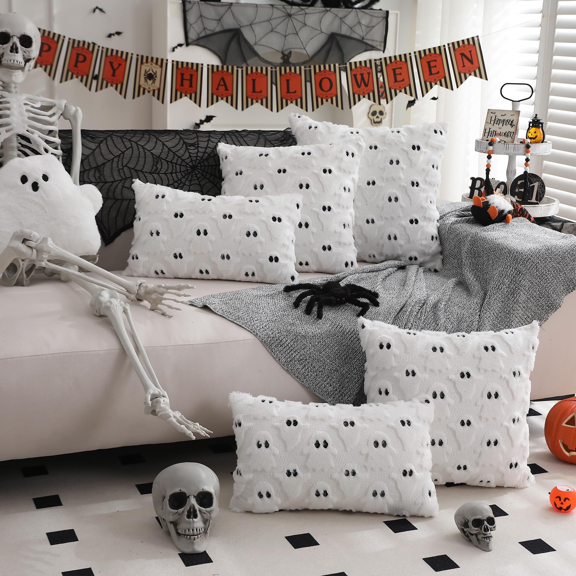 Halloween Pillow Covers 18x18 inch Set of 2 White Throw Pillow Cases Soft Plush Cushion Case for Chair Sofa Bedroom Living Room Home Decor