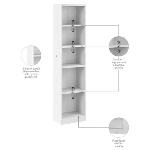 Bush Furniture Universal 17W Narrow 5 Shelf Bookcase in White, Tall Skinny Bookshelf for Home Office Storage or Living Room Organization