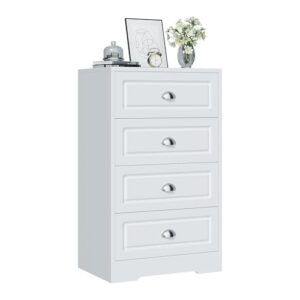 Shintenchi White Tall Dresser for Bedroom, 4 Drawer Narrow Nightstand, Chest of Drawers Vertical Wooden Dresser with Metal Handle, Living Room Storage Organizer, White and Silver