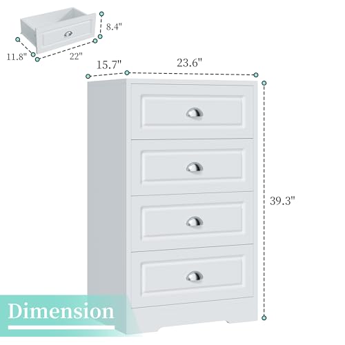 Shintenchi White Tall Dresser for Bedroom, 4 Drawer Narrow Nightstand, Chest of Drawers Vertical Wooden Dresser with Metal Handle, Living Room Storage Organizer, White and Silver