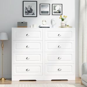 Shintenchi White Tall Dresser for Bedroom, 4 Drawer Narrow Nightstand, Chest of Drawers Vertical Wooden Dresser with Metal Handle, Living Room Storage Organizer, White and Silver