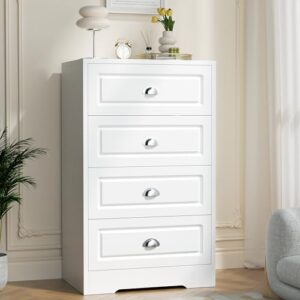 shintenchi white tall dresser for bedroom, 4 drawer narrow nightstand, chest of drawers vertical wooden dresser with metal handle, living room storage organizer, white and silver