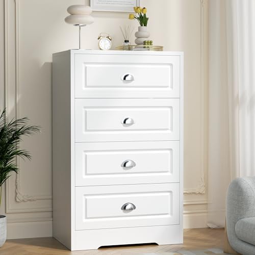 Shintenchi White Tall Dresser for Bedroom, 4 Drawer Narrow Nightstand, Chest of Drawers Vertical Wooden Dresser with Metal Handle, Living Room Storage Organizer, White and Silver