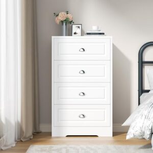 Shintenchi White Tall Dresser for Bedroom, 4 Drawer Narrow Nightstand, Chest of Drawers Vertical Wooden Dresser with Metal Handle, Living Room Storage Organizer, White and Silver