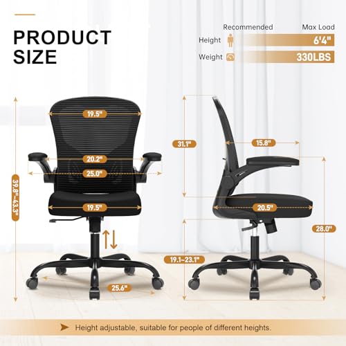 Office Chair, Ergonomic Desk Chairs 330LBS Capacity High Back Mesh Computer Chair with Flip-up Armrests, Comfy Work Chair with Adjustable Lumbar Support, Rolling Swivel Executive Task Chair Black