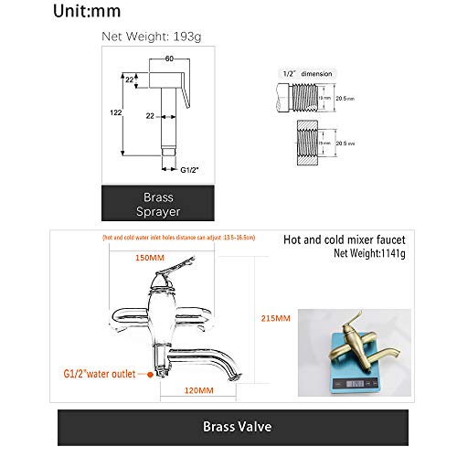 MINJING Hot and Cold Toilet Bidet Sprayer, Hand Held Shower, Antique Bronze Solid Brass Mixer Valve Faucet,B Set