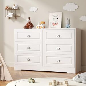 Shintenchi Dresser for Bedroom with 6 Drawers, White Double Dresser & Chest of Drawers Wooden Organizer with Metal Handle, Storage TV Stand for Living Room