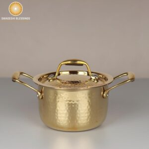 Swadeshi Blessings Exclusive Range Brass Pot for Cooking with Lid/Teflon-Free/Naturally Non-Stick Brass Utensils with Tin Coating (1 Litres)