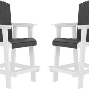 JURMALYN Outdoor Tall Adirondack Chairs Set of 2, Patio Bar Stool Chair with High Back, Widened Arms, All-Weather Balcony Chair for Backyard, Garden, Yard (White & Grey)