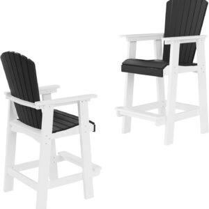 JURMALYN Outdoor Tall Adirondack Chairs Set of 2, Patio Bar Stool Chair with High Back, Widened Arms, All-Weather Balcony Chair for Backyard, Garden, Yard (White & Grey)