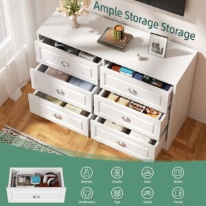 Shintenchi Dresser for Bedroom with 6 Drawers, White Double Dresser & Chest of Drawers Wooden Organizer with Metal Handle, Storage TV Stand for Living Room