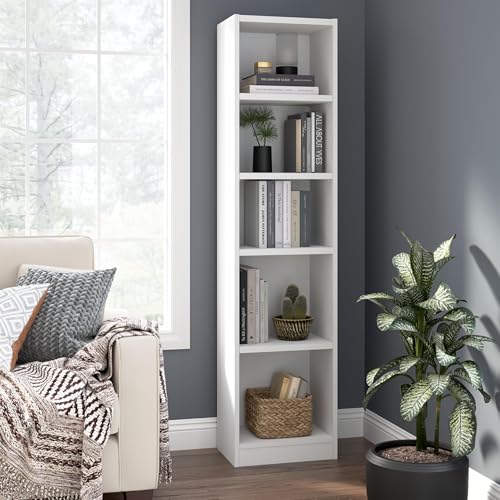 Bush Furniture Universal 17W Narrow 5 Shelf Bookcase in White, Tall Skinny Bookshelf for Home Office Storage or Living Room Organization