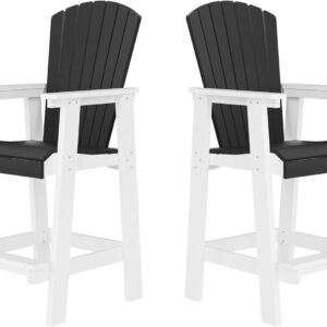 JURMALYN Outdoor Tall Adirondack Chairs Set of 2, Patio Bar Stool Chair with High Back, Widened Arms, All-Weather Balcony Chair for Backyard, Garden, Yard (White & Grey)