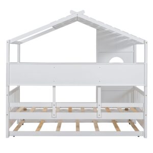 Twin Size House Bed with Trundle, Wooden Daybed Frame with Roof/Window/Guardrail and Storage Shelf for Kids, Teens Boys or Girls (White, Twin)