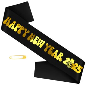 jxycbzying happy new year 2025 sash with gold foil, black new year sash, premium grade satin sash, new years eve party decorations, ideas, gifts, jokes and favors (black + gold)