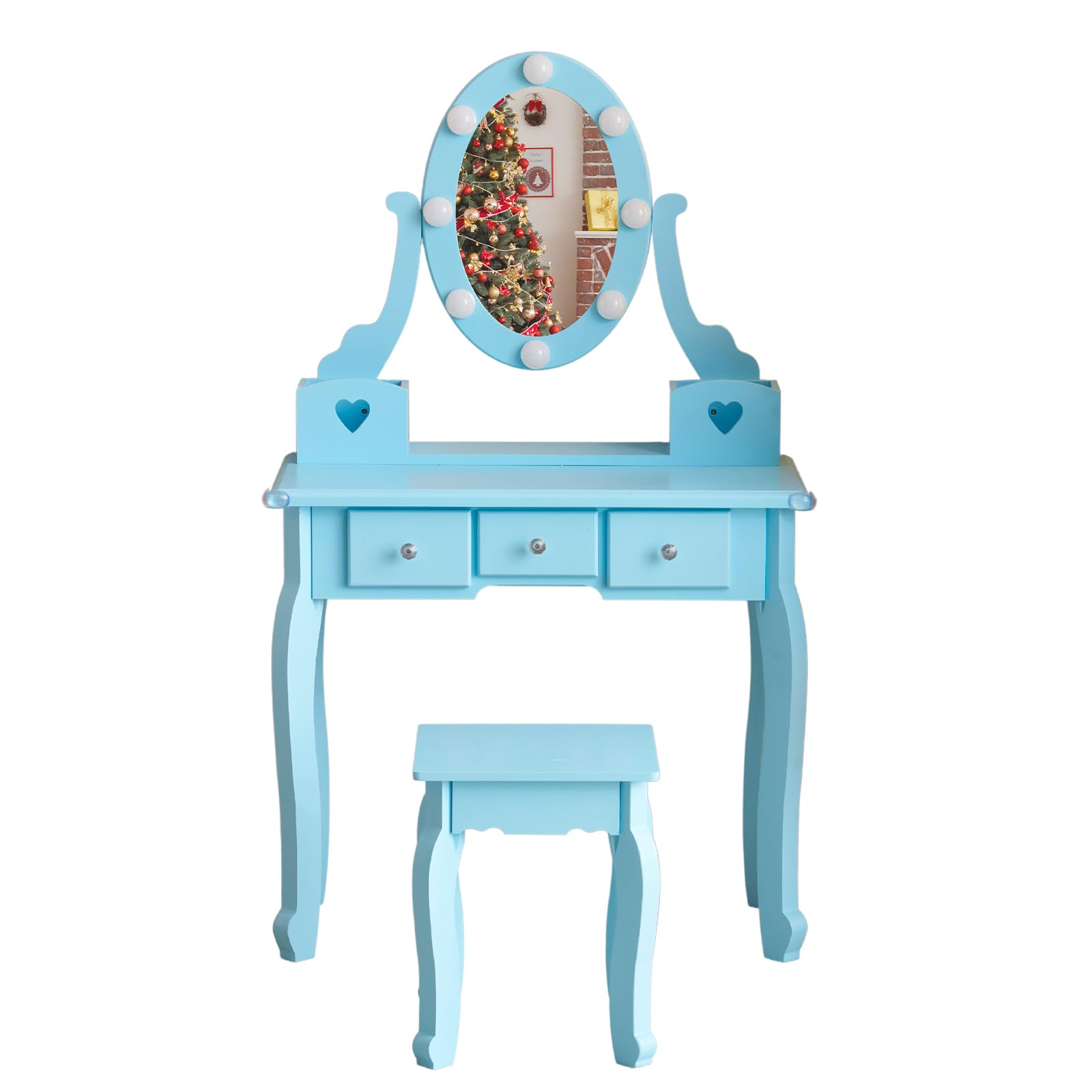 Vasitelan Kids' Vanity Set with Mirror and Light, Makeup Table and Stool for Girls, Vanity Table and Chair Set with Wood Makeup Playset for Girls (Blue)