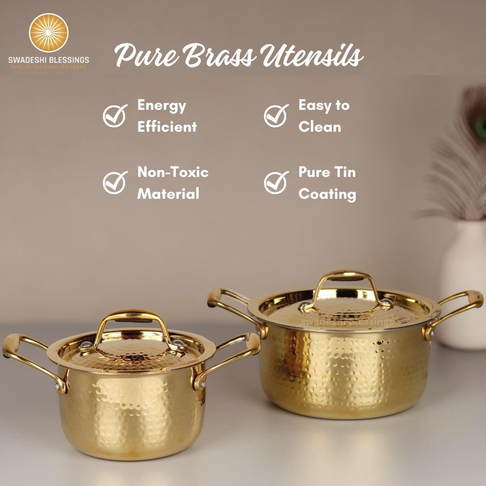 Swadeshi Blessings Exclusive Range Brass Pot for Cooking with Lid/Teflon-Free/Naturally Non-Stick Brass Utensils with Tin Coating (1 Litres)