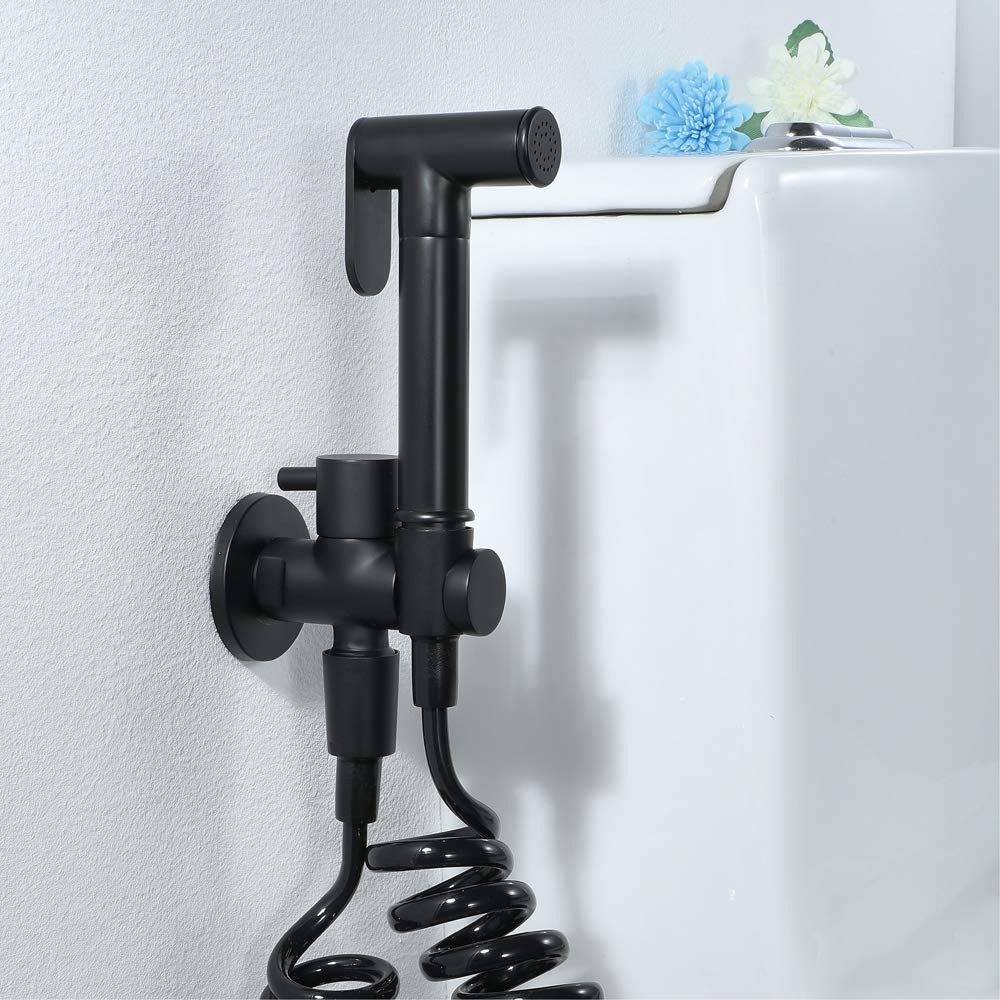 Brass Toilet Bidet Sprayer, Shut-Off Spray, Matte Black Bathroom Shower Single Cold Water Cleaning Bidet Faucet with Bracket Base