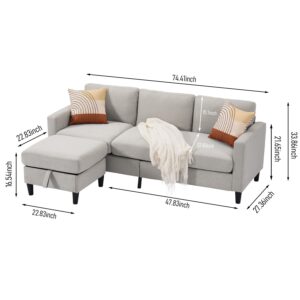 EDWINENE Sectional Sofa Couch, 3 Seat L Shaped Couch with Storage Chaise, Compact Small Couch with Reversible Ottoman for Living Room, Small Apartments, Office(Light Gray)