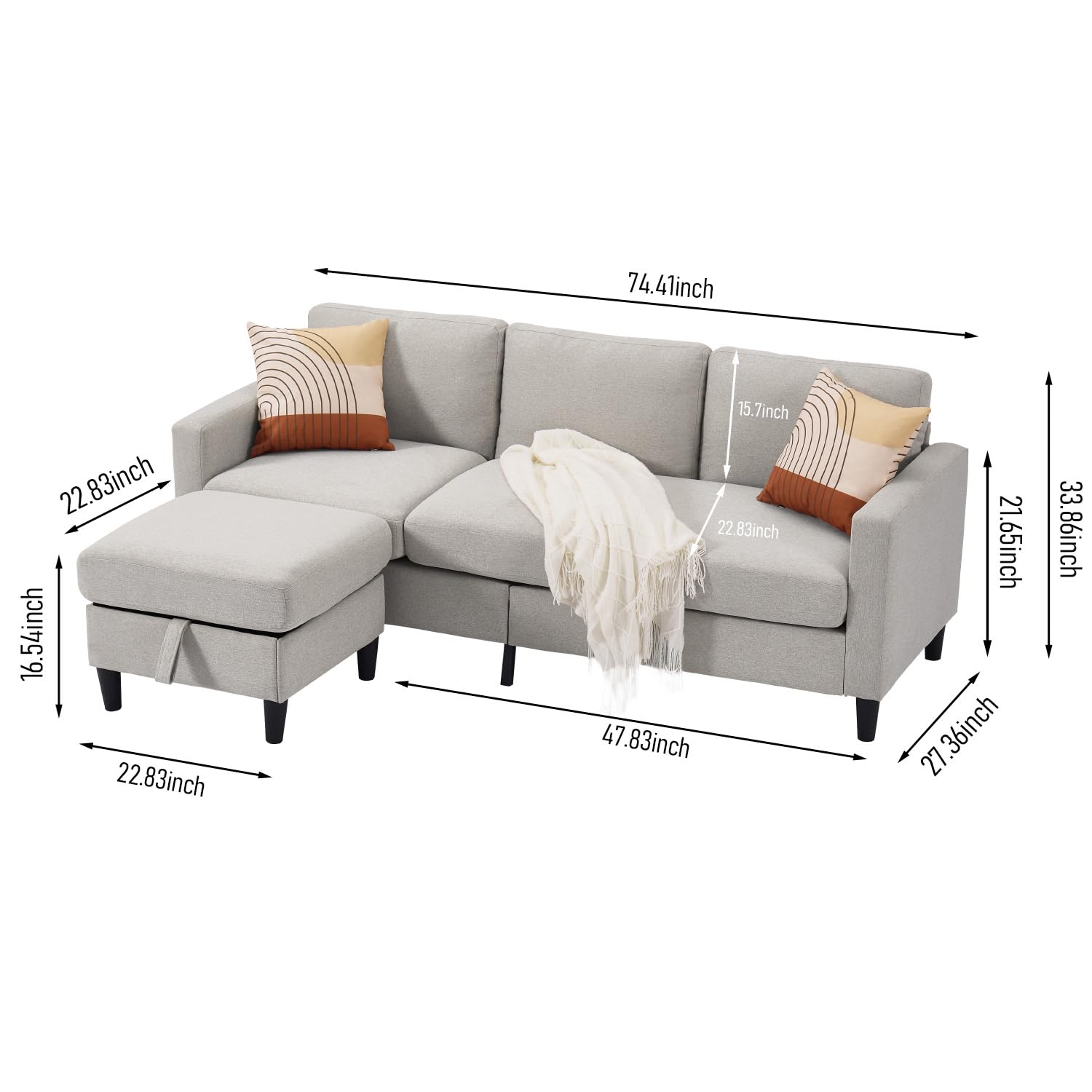 EDWINENE Sectional Sofa Couch, 3 Seat L Shaped Couch with Storage Chaise, Compact Small Couch with Reversible Ottoman for Living Room, Small Apartments, Office(Light Gray)