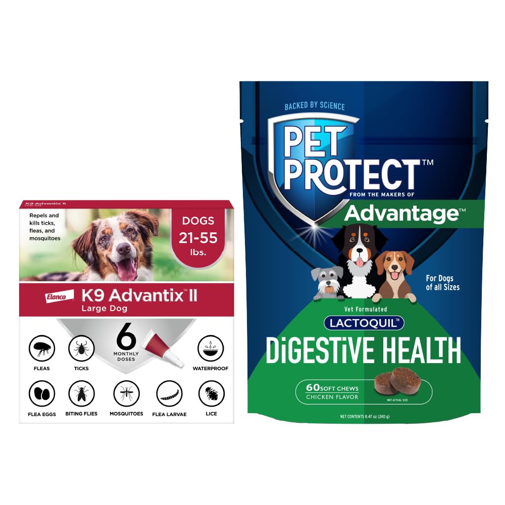 Bundle of K9 Advantix II Large Dog| Dogs 21-55 lbs. | 6-Mo Supply + Pet Protect Dog Digestive Health Supplement 60 Chews