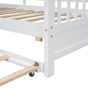 Twin Size House Bed with Trundle, Wooden Daybed Frame with Roof/Window/Guardrail and Storage Shelf for Kids, Teens Boys or Girls (White, Twin)